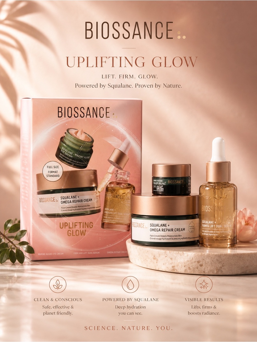 Biossance Uplifting Glow Squalane + Omega Repair Cream & Serum Set